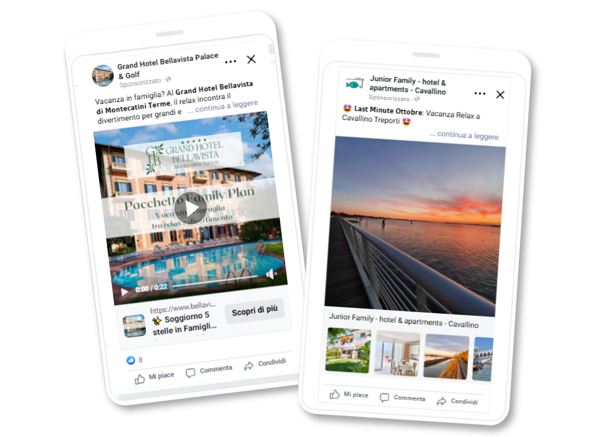 Due schermi di telefoni cellulari che mostrano post di Facebook: un video del resort e una foto del tramonto.