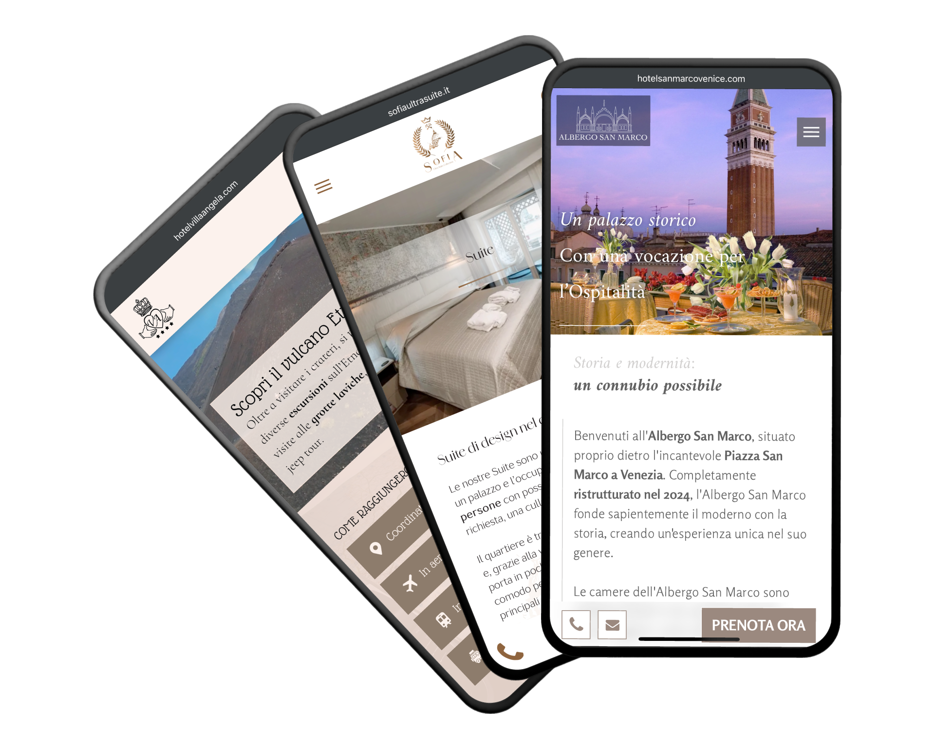 Tre smartphone che mostrano il sito web di un hotel, le camere e una vista di Venezia.