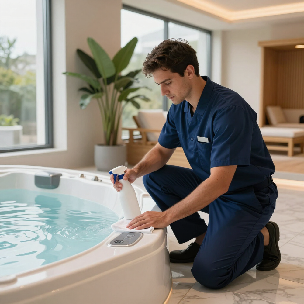 Spa technician cleaning a bubbling hot tub indoors