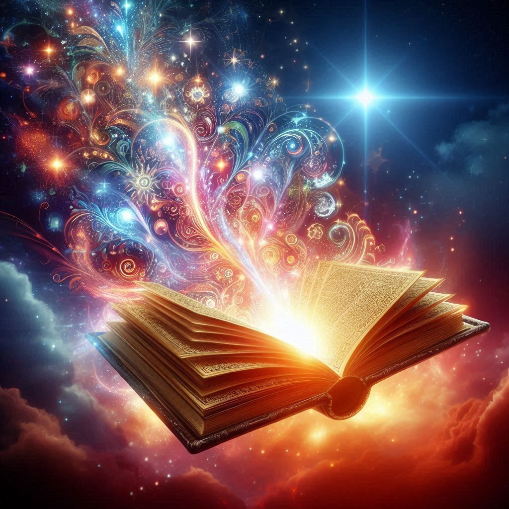 Libro abierto resplandeciente con luz mágica y destellos de colores que se arremolinan en un cielo cósmico estrellado.