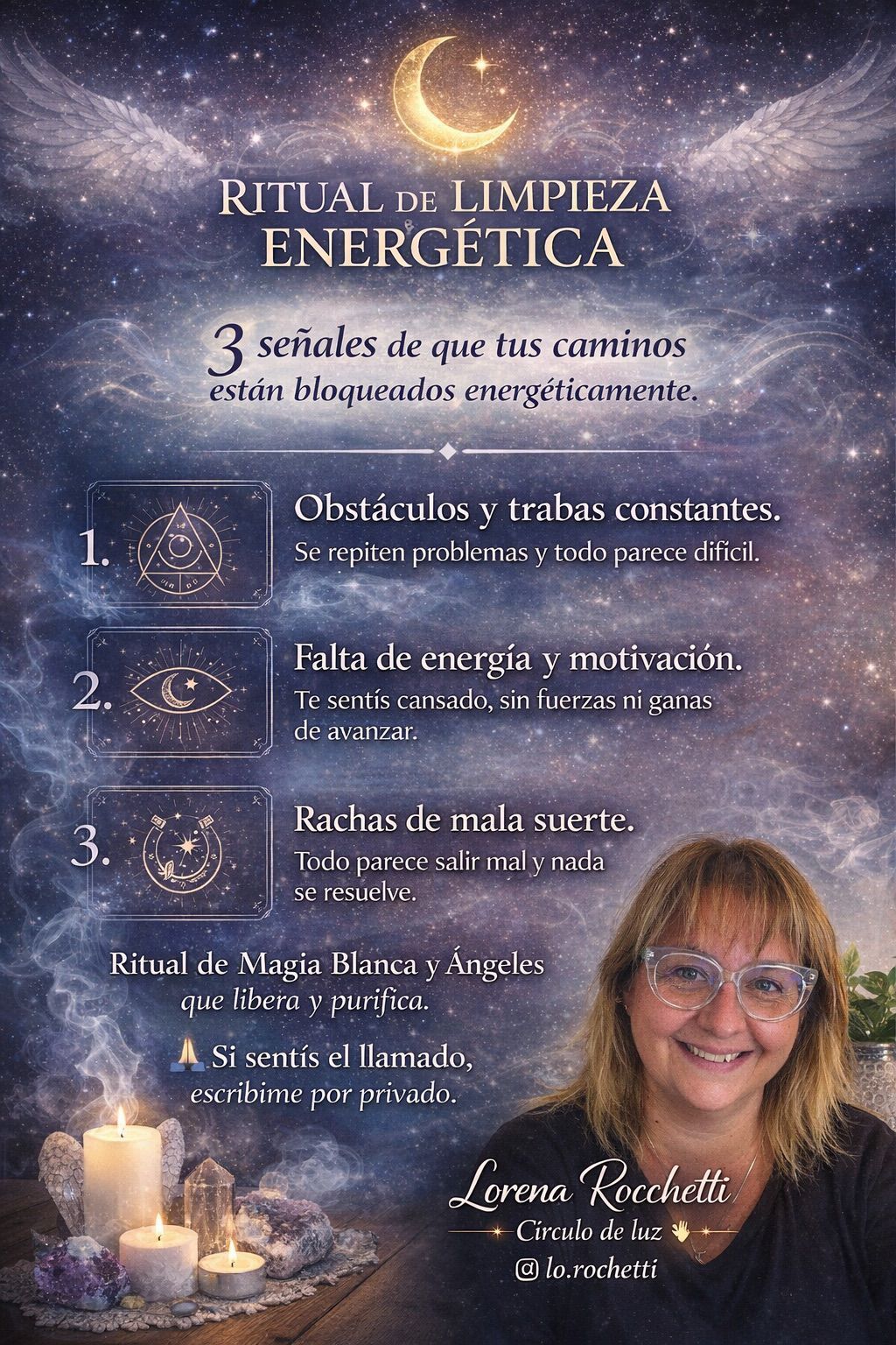 Cartel morado sobre ritual de limpieza energética con luna, velas y lista de 3 pasos; retrato de mujer sonriente.