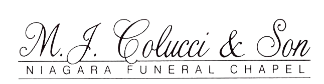 Logo for M.J. Colucci & Son Niagara Funeral Chapel. Script text with a double underline.