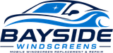 Bayside Windscreens logo with blue stylized car and wave graphic, plus tagline about mobile windscreen repair and replacement