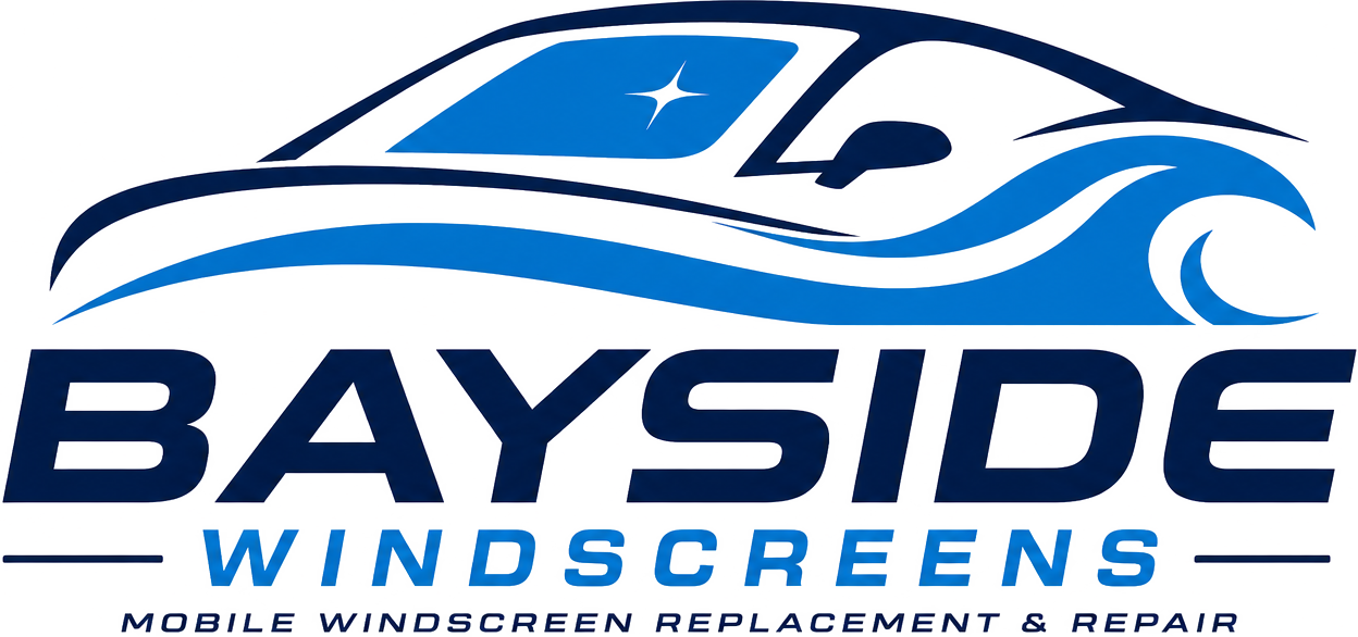 Bayside Windscreens logo with blue stylized car and wave graphic, plus tagline about mobile windscreen repair and replacement