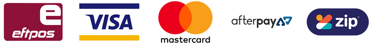 Payment logos: eftpos, Visa, Mastercard, Afterpay, and Zip on a white background
