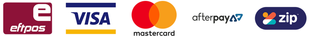 Payment logos: eftpos, Visa, Mastercard, Afterpay, and Zip on a white background