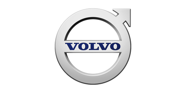 Volvo logo with a silver circle and arrow above blue “VOLVO” text
