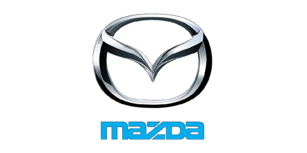 Mazda logo: silver emblem above blue wordmark on a white background