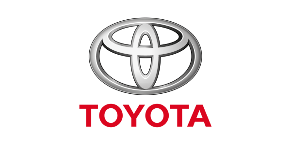 Toyota logo with silver emblem and red wordmark on a white background