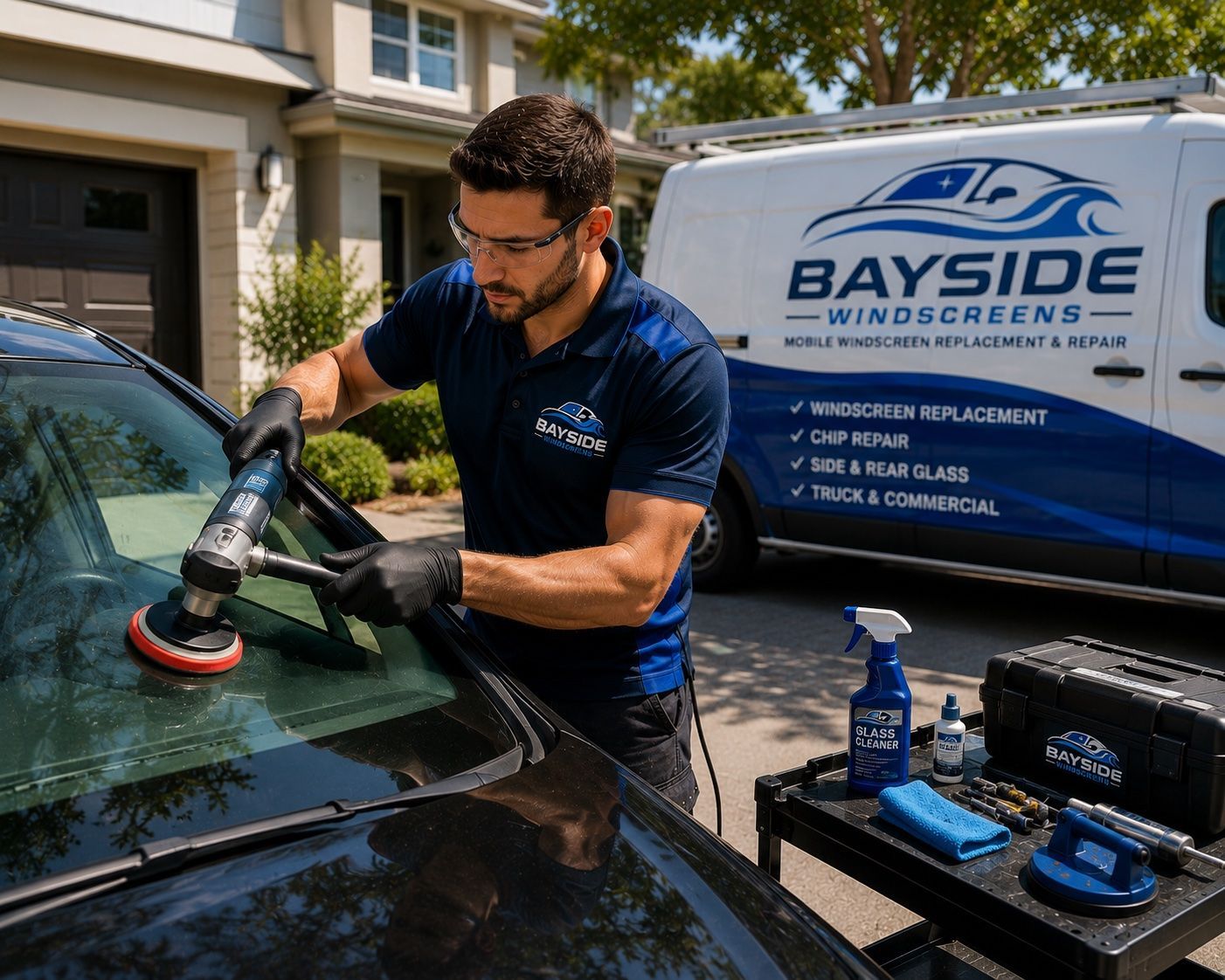 Worker in blue gloves installing suction cups on a car windshield at an auto shop