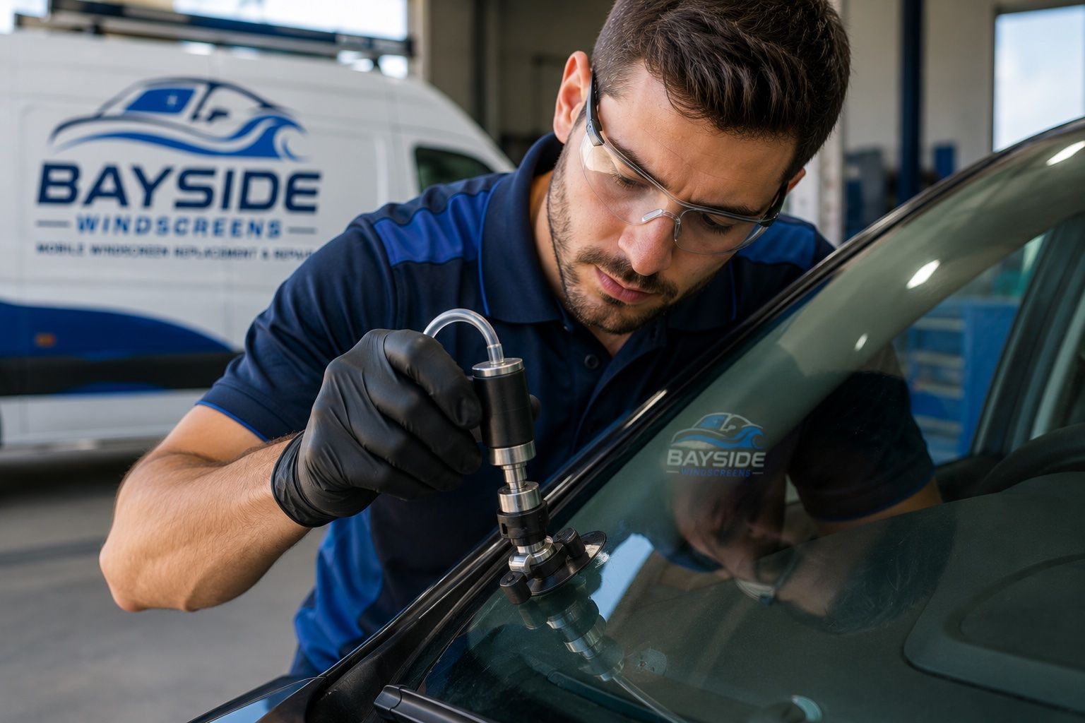 A professional technician is repairing and resealing a car windscreen to prevent water leaks.