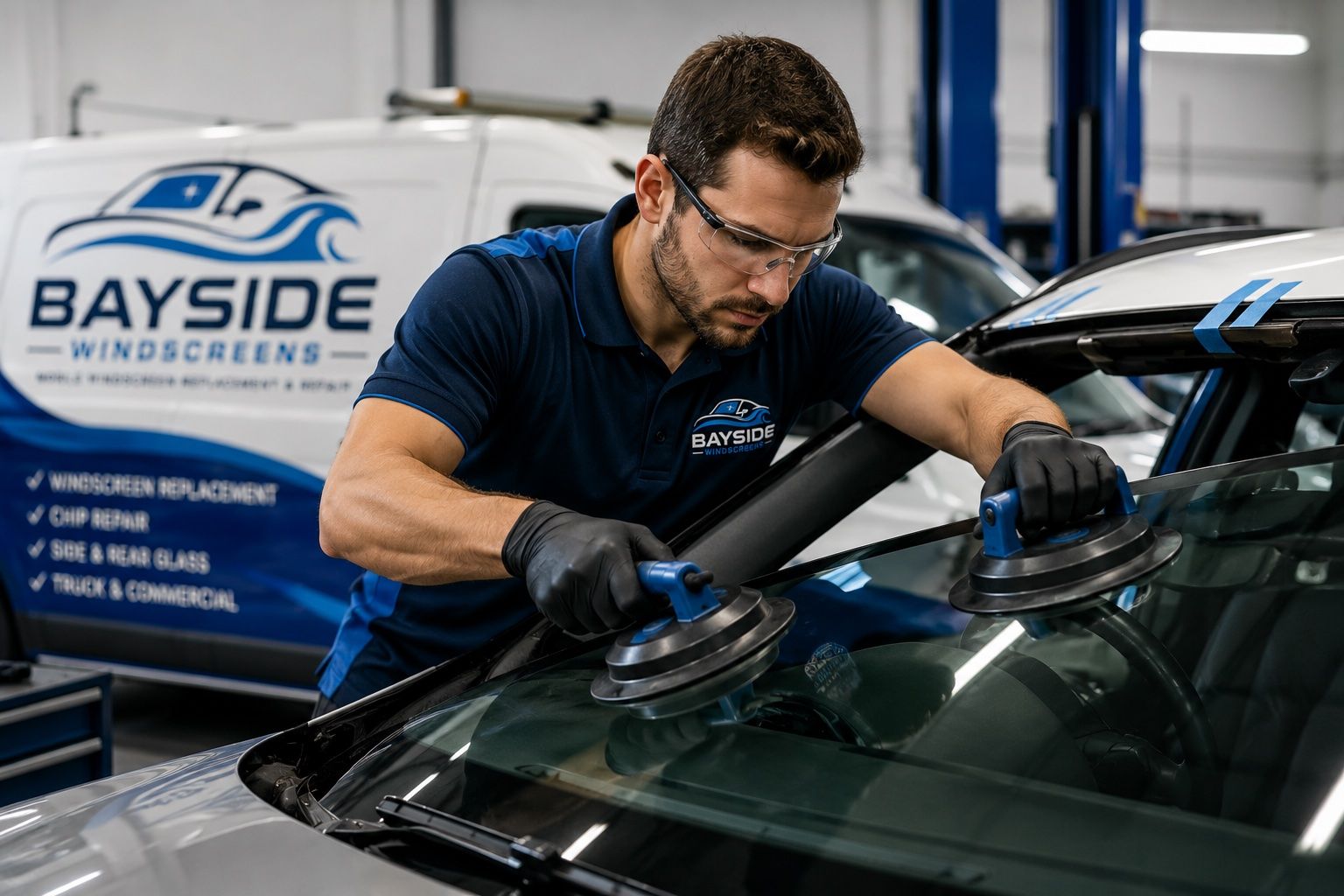 Bayside Windscreen mechanic installing a new front windshield on a black car