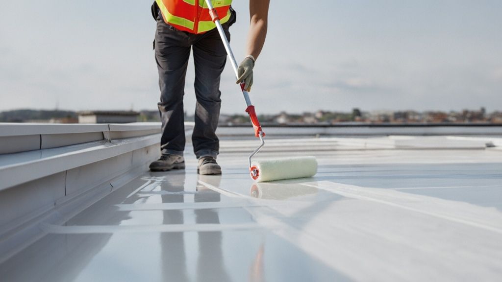 Person painting a white roof with a paint roller while wearing a safety vest — TMP Painting Services in Beaconsfield, QLD