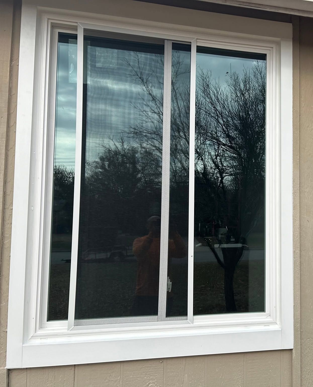 White-framed window with reflective dark glass showing trees outside