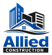 Allied Construction logo with blue and black buildings, house roof icon, and bold company name
