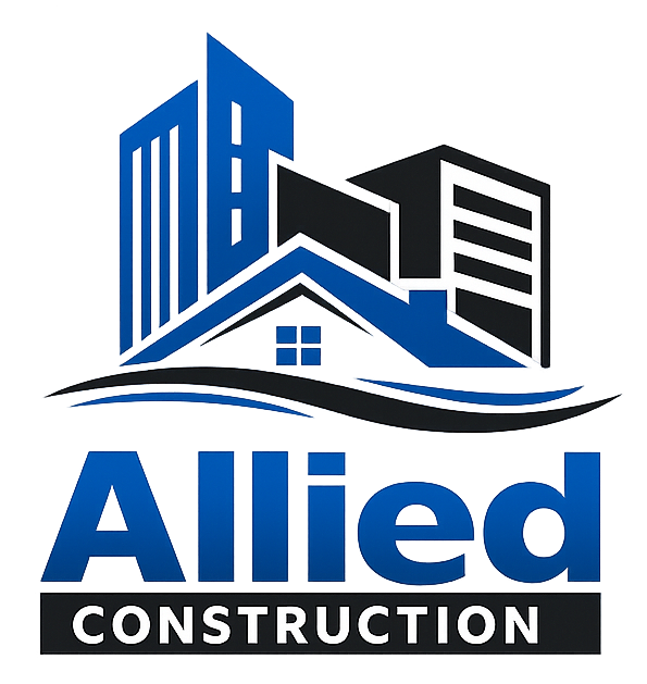 Allied Construction logo with blue and black buildings, house roof icon, and bold company name
