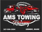 AMS Towing & Recovery logo with red tow trucks, chain graphic, and Arundel, Maine phone number