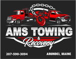 AMS Towing & Recovery logo with red tow trucks, chain graphic, and Arundel, Maine phone number