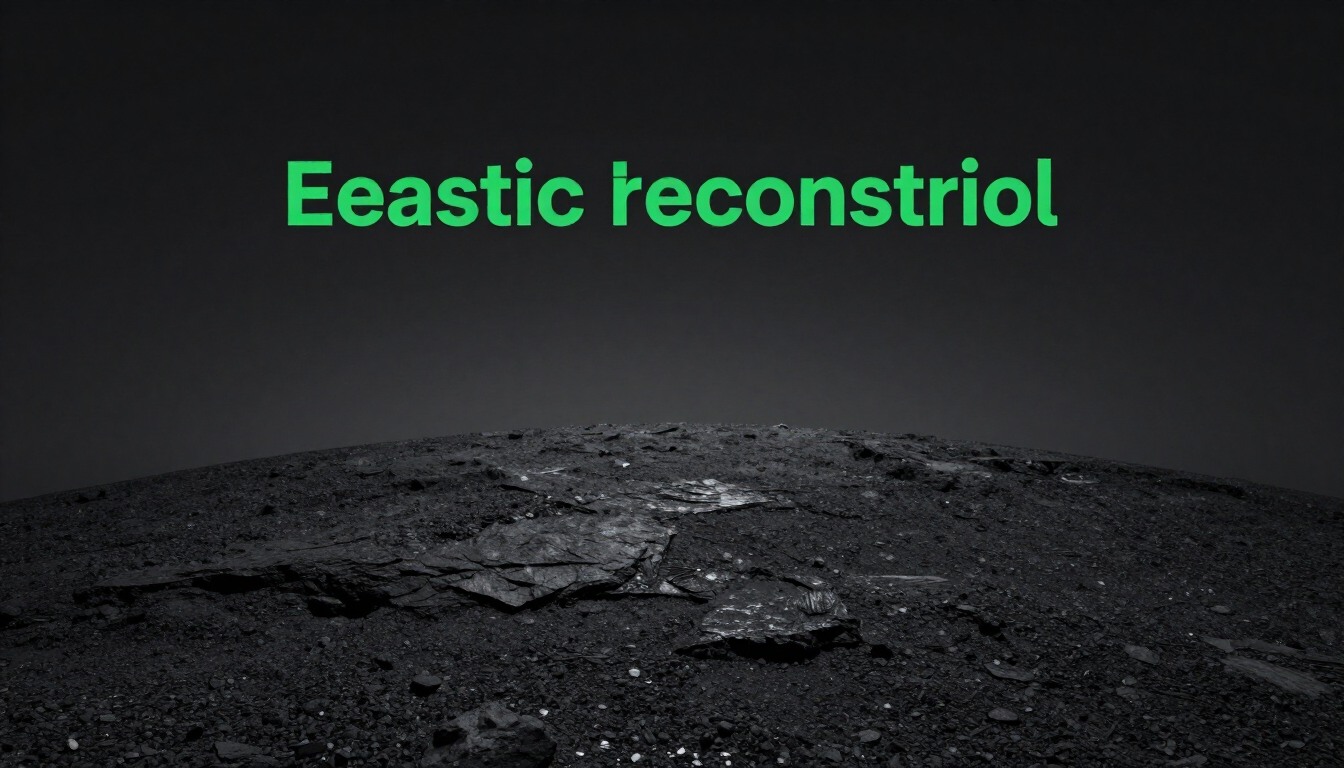 Green text “Eeastic reconstriol” over a dark rocky landscape at night