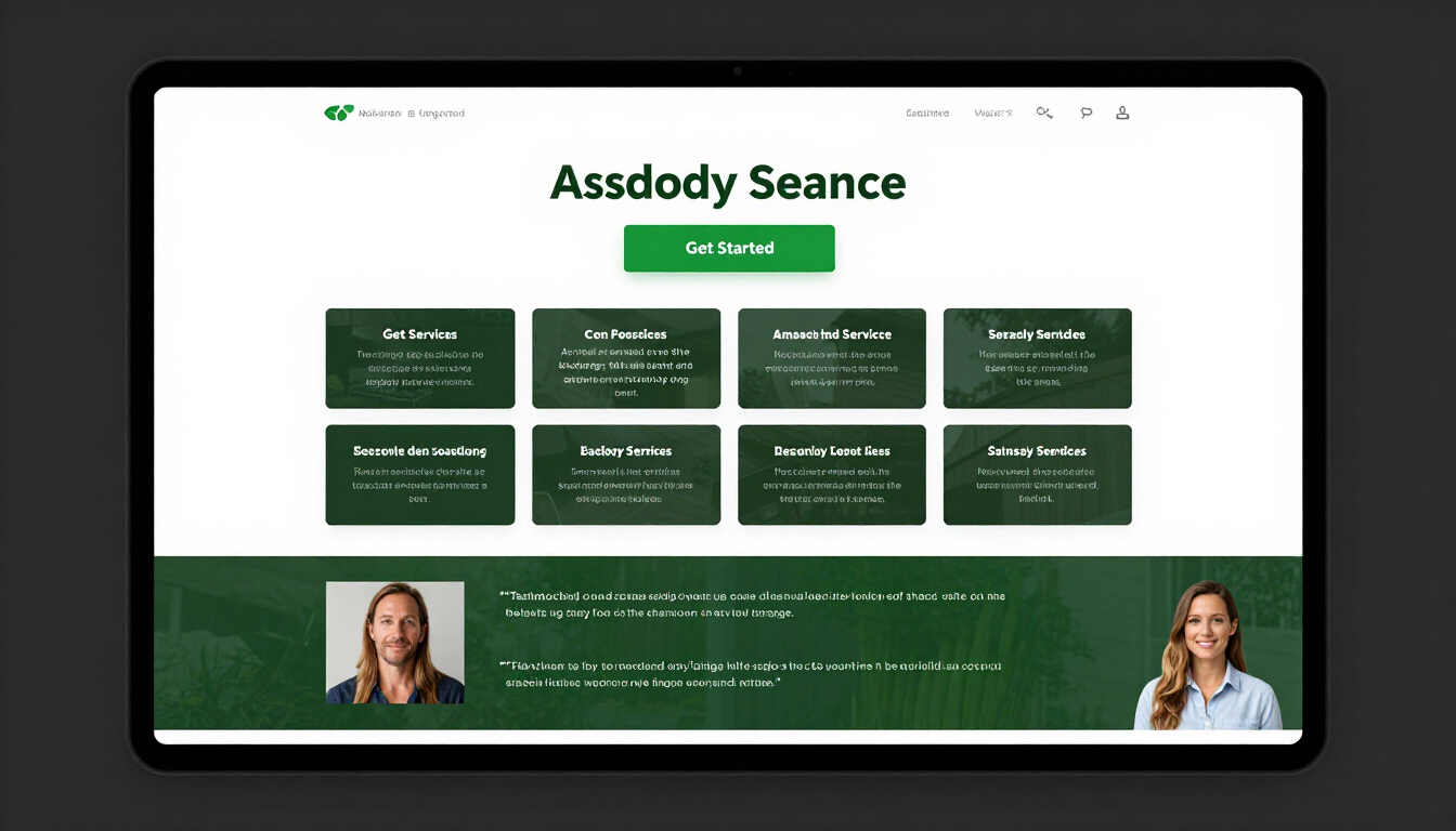 Healthcare website homepage on a laptop, with green tiles for services and clinician portraits below