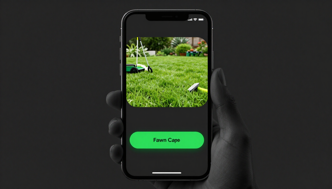 Hand holding a smartphone showing a lawn photo and a green “Start Crop” button