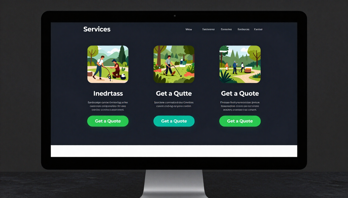 Desktop monitor showing a dark website with a “Services” page and three colorful cards with green buttons.