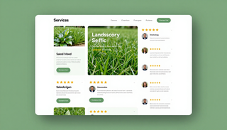 Green lawn care services website dashboard with service cards, ratings, and a large grass banner