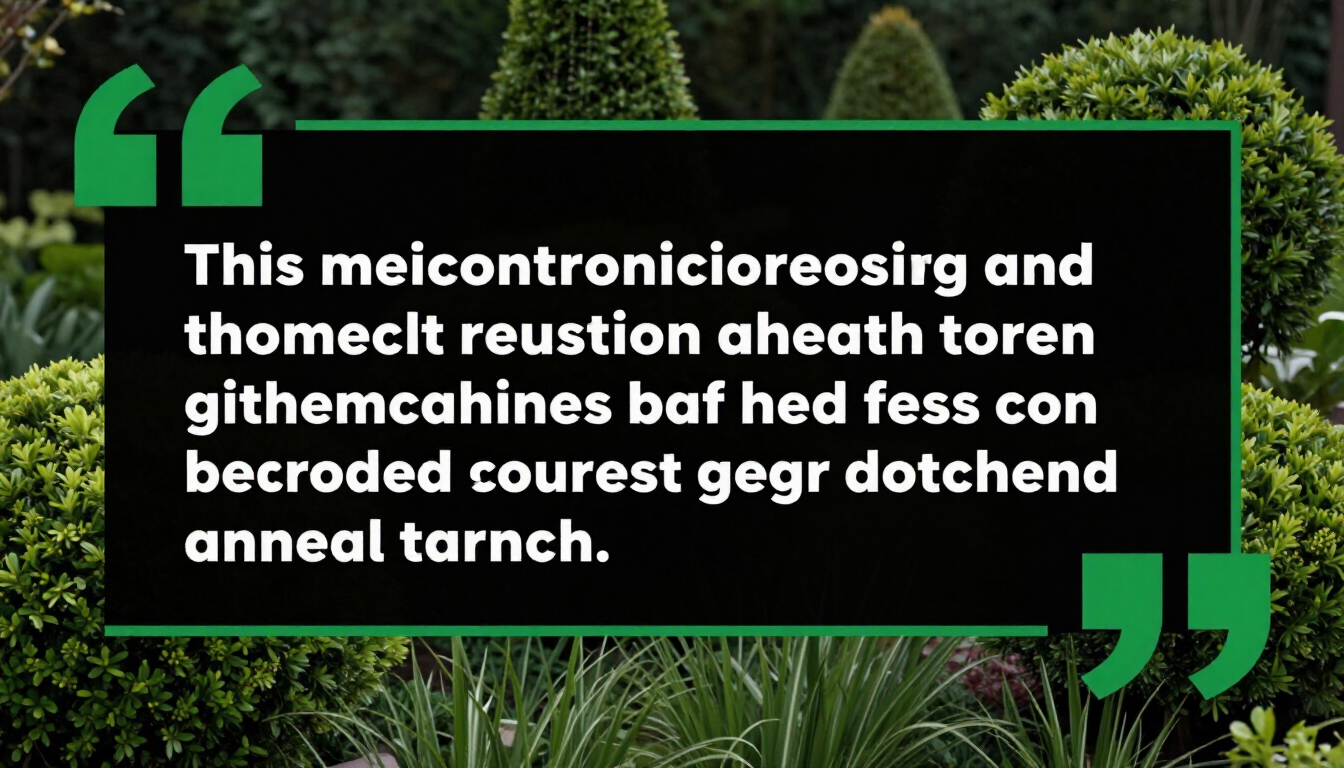 Green quote marks over a black text box on a leafy garden background.