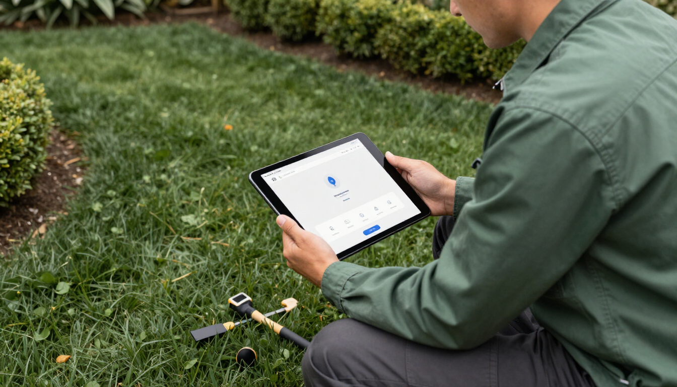 Person kneels on grass using a tablet beside a small drone in a garden.