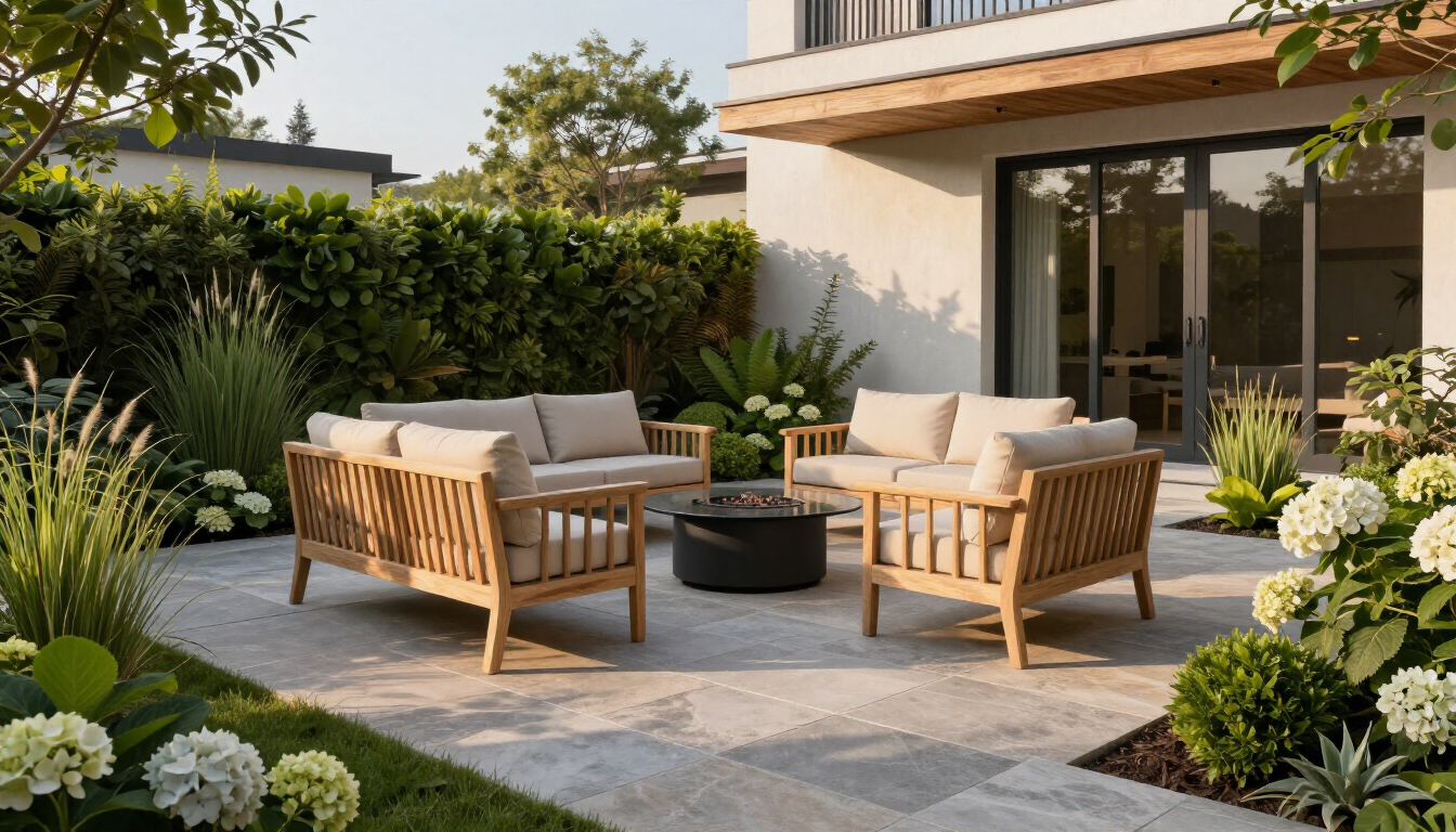A modern landscaping project showing a beautiful patio and garden design.