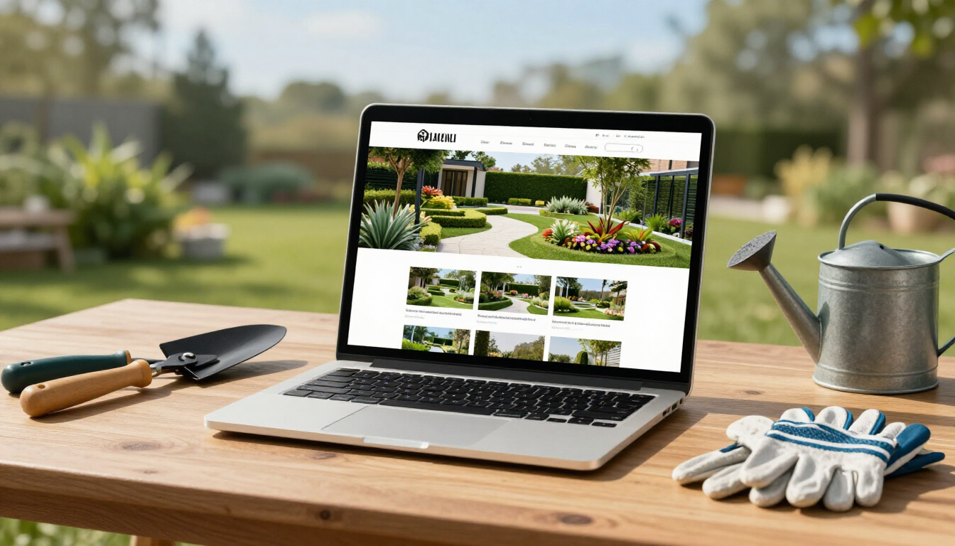 Professional landscaping website layout on a laptop screen outdoors.
