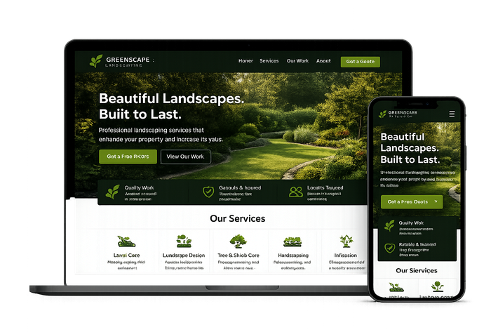 Landscape website mockup on laptop and phone with green nature hero image and service icons