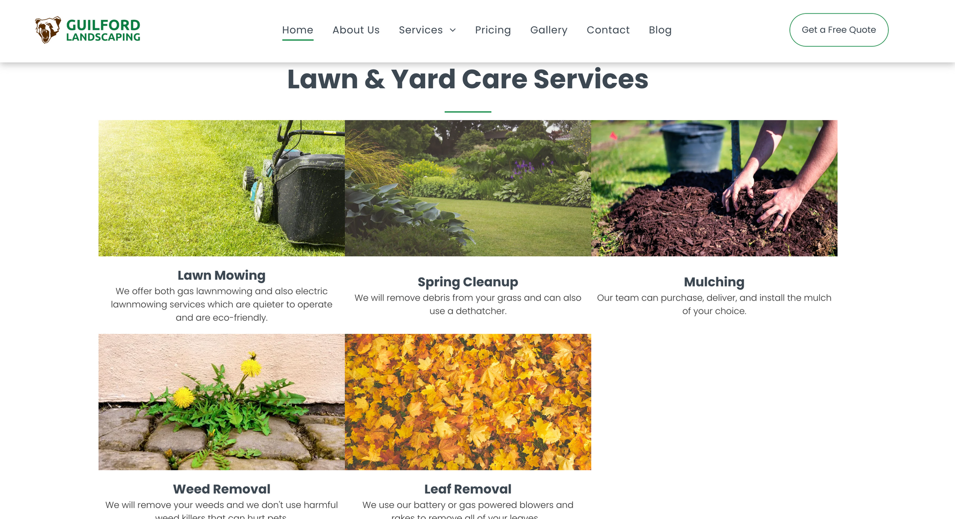 Lawn and yard care services webpage showing mowing, spring cleanup, mulching, and weed control.