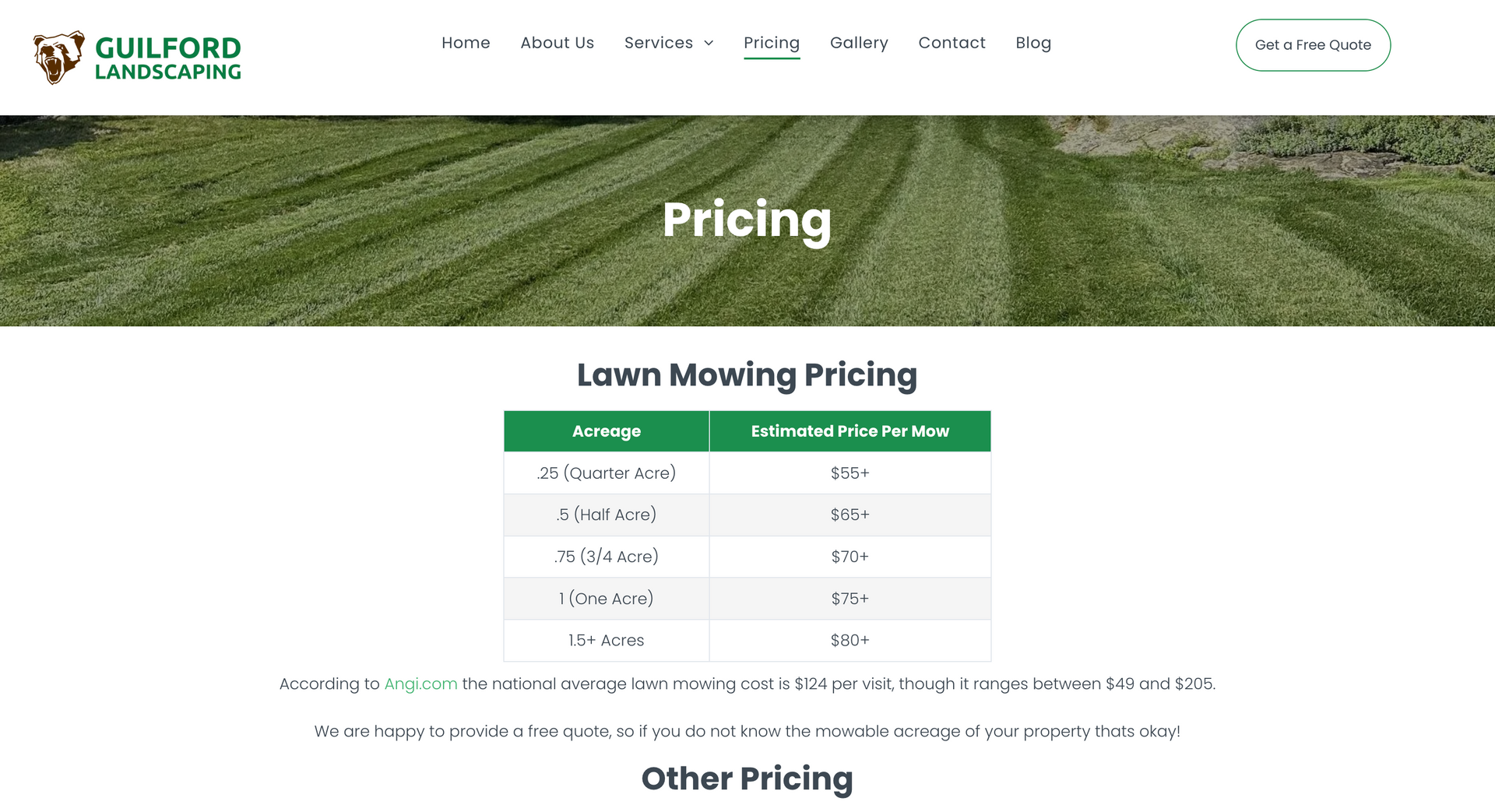 Pricing page with lawn mowing rates table on a green field background
