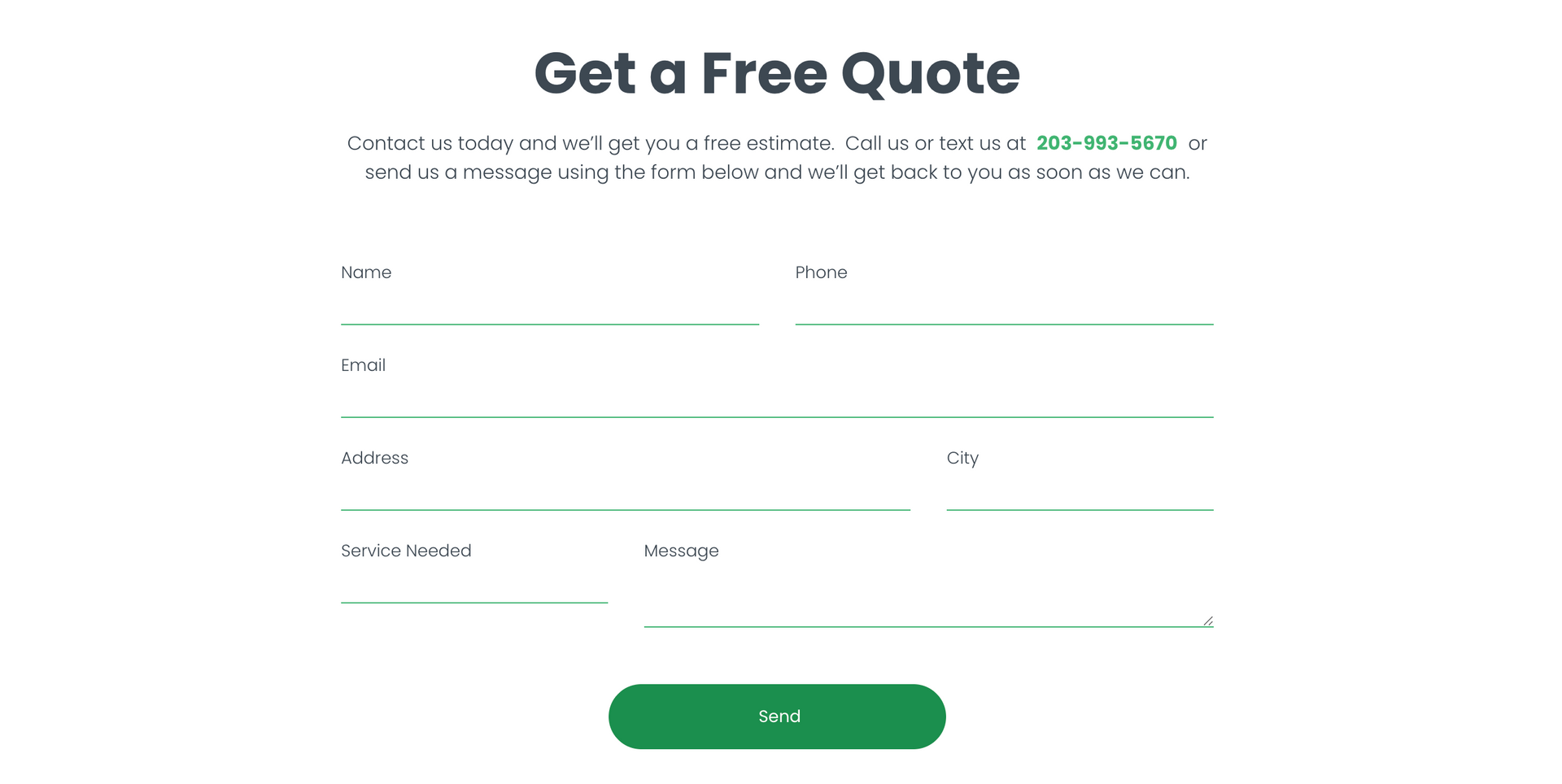 “Get a Free Quote” web form with multiple input fields and a green submit button