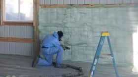 Worker in blue overalls sprays a green wall inside a warehouse, with a ladder nearby.