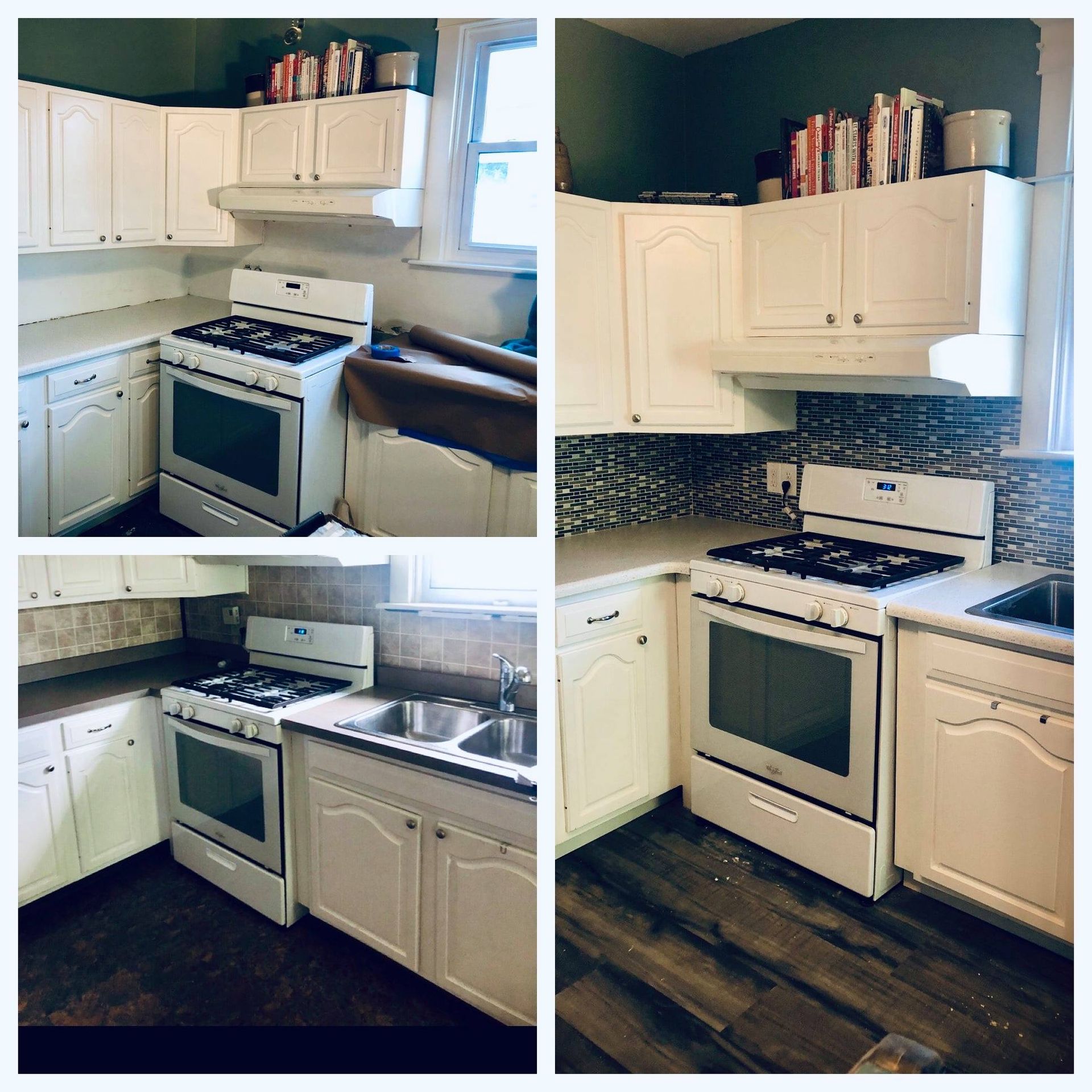 A collage showing a kitchen before and after adding a tiled backsplash, featuring white cabinets and a dark wood floor.