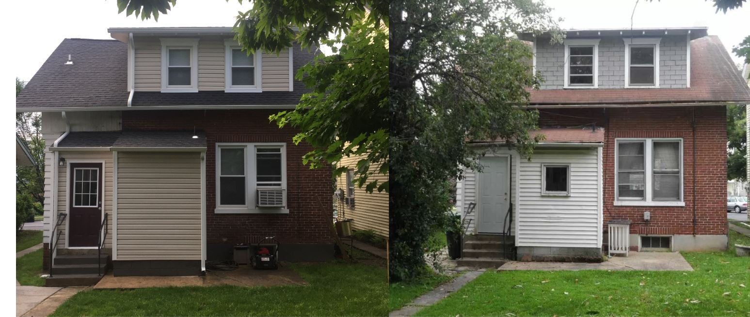 Split view of a brick house with a front porch enclosure: the left side shows new siding, while the right shows old siding.