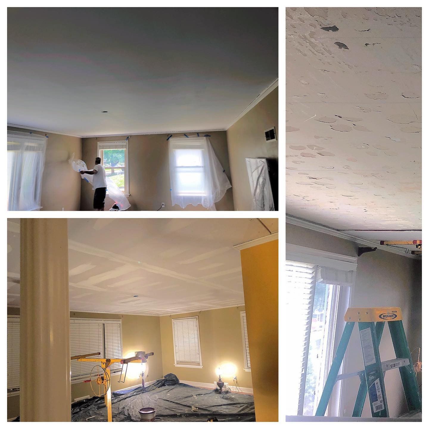 A collage showing a room undergoing ceiling repair, featuring taped drywall, sanded areas, and a ladder by a window.
