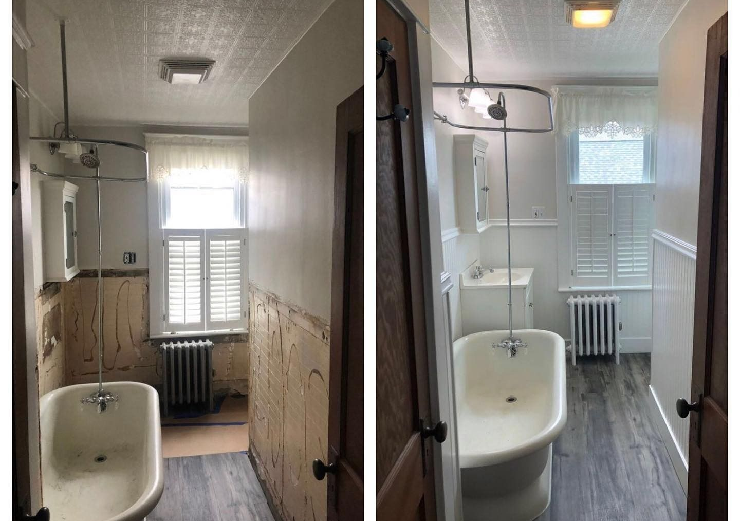 Before and after comparison of a bathroom renovation showing exposed wall studs replaced with fresh white wainscoting.