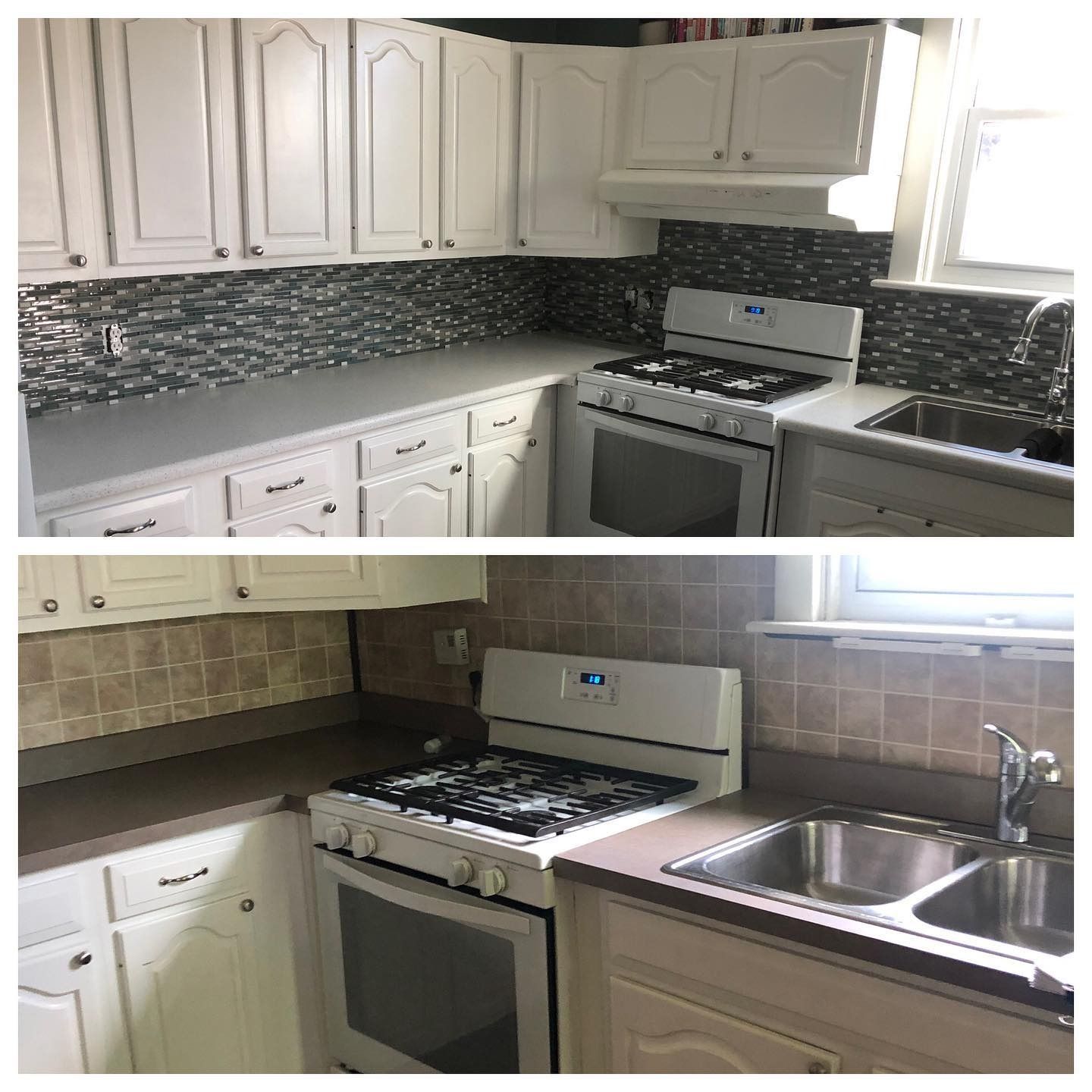 A before-and-after of a kitchen renovation showing new white cabinets, a light gray countertop, and dark tiled backsplash.