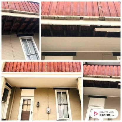 A collage showing a building's porch with damaged wooden trim and exposed ceiling rafters needing repair.