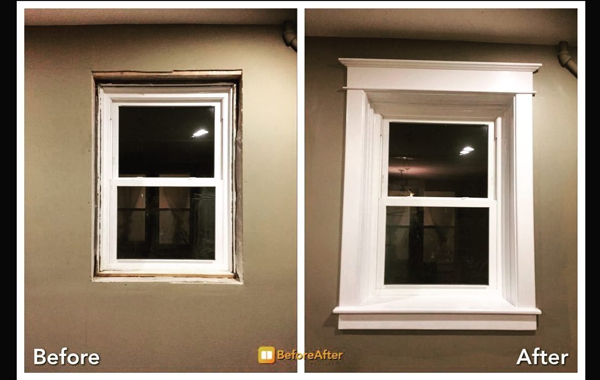 Before and after side-by-side photos showing a window before and after installation of white wooden decorative trim.