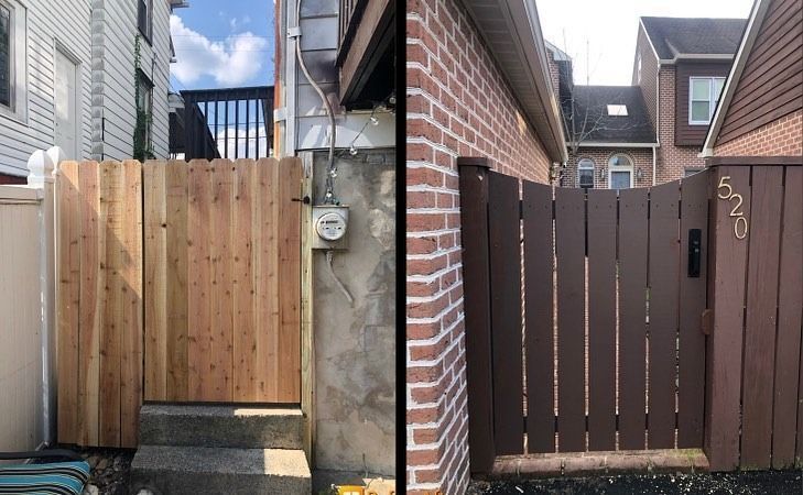 Before-and-after comparison showing a plain, unpainted wood gate replaced by a finished, dark-stained wood gate.