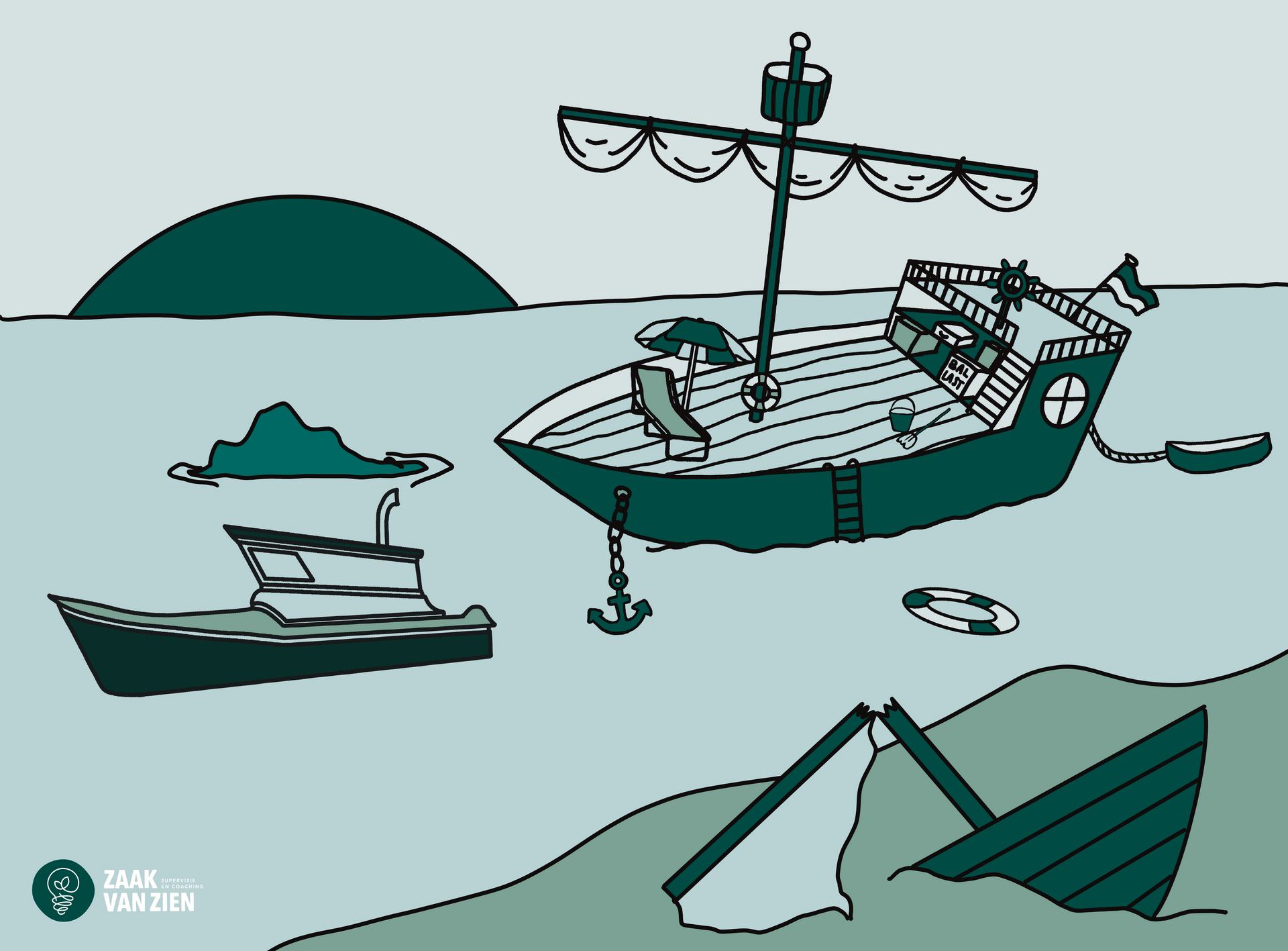 Een groene cartoonillustratie van een groot jacht dat voor anker ligt bij een kleinere boot en een gezonken zeilboot in kalm, turquoise water.