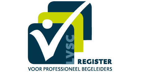 Logo voor LVSC Register, met drie overlappende vierkanten in donkerblauw en limoengroen, en een wit vinkje.