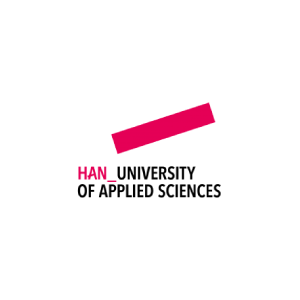 Het logo van de HAN Hogeschool, met een roze diagonale rechthoek boven de naam van de universiteit in zwarte tekst.