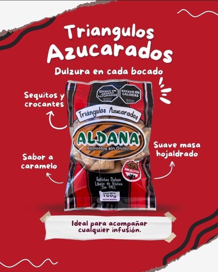 Un anuncio en rojo de los pasteles triangulares azucarados de Aldana