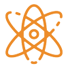 An orange icon of an atom on a white background. An orange icon of an atom on a white background.