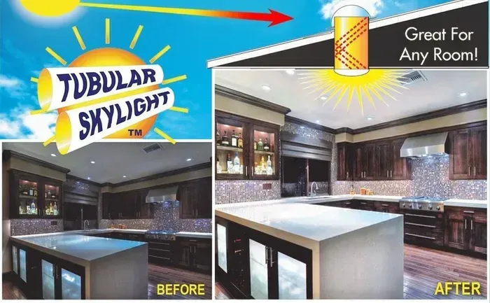 A before and after picture of a kitchen with tubular skylight – Sarasota, FL – Tubular Skylight Inc